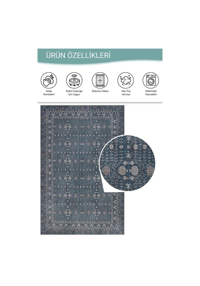 Artloop Folk Mavi Minimal Etnik Geometrik Desenli Dokuma Tabanlı Şönil Halı Al 585 Mavi Geometrik