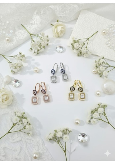 925 Ayar Papatya Silver Baget Taşlı Nazar Küpe.rose.gold.rodaj Gümüş