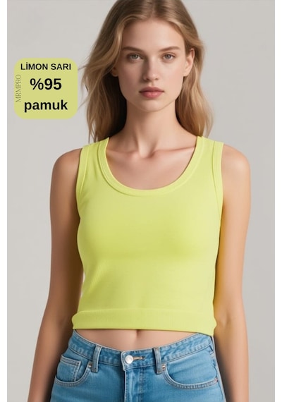 Mrmpro Kadın Lacivert Fitilli Görünümlü Kalın Askılı Basic Atlet Body %95 Pamuk Limon Sarı