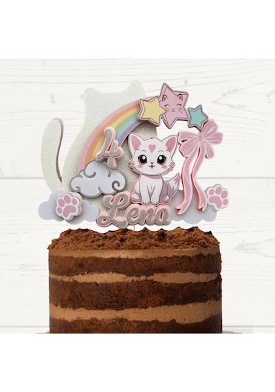 Kedi Temalı Kız Çocuk Doğum Günü İsme Özel 3d Pasta Parti Süsü Cake Topper Çocuk