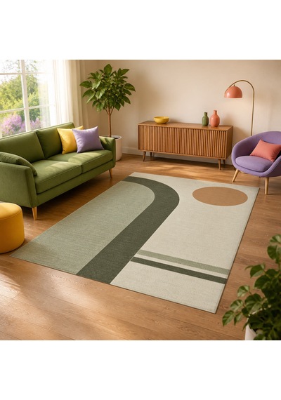 Kartela Halı Japandi Kemer Desenli Halı Adaçayı Yeşili Kaymaz Taban Makinede Yıkanabilir 120x180 Cm