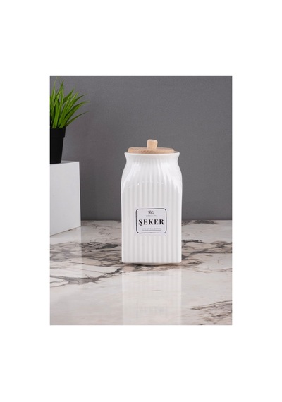 Porselen 1000 Ml Şeker Kavanozu Bambu Vakumlu Kapaklı Beyaz Beyaz