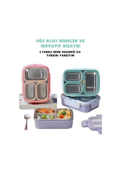 Vagonlife Bento 620ml Lunchbox Tek Katlı 3 Bölmeli Çelik Sefer Tası Yemek Kutusu Turkuaz Çok Renkli