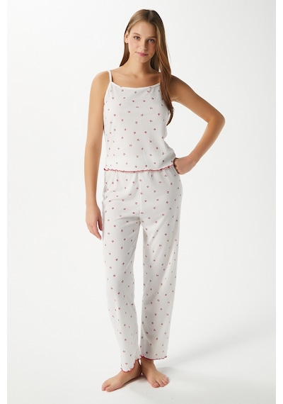Ritnice Kadın June Askılı Kiraz Desenli Alt Üst Pijama Takımı Ekrukırmızı