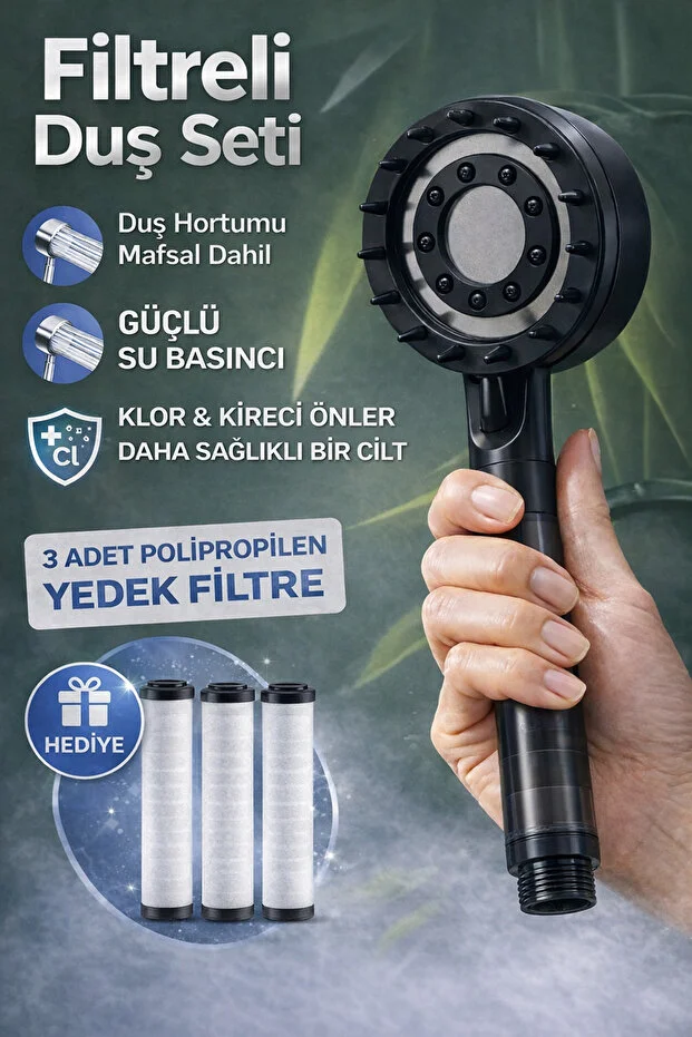 Filtreli Duş Başlığı 3 Yedek Filtre Hortum Mafsal Yüksek Basınçlı Siyah