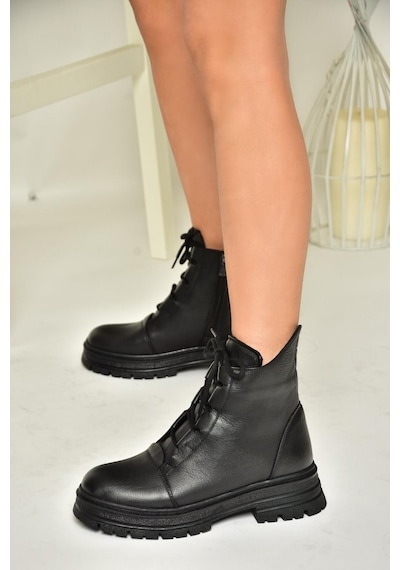Fox Shoes T555102903 Siyah Hakiki Deri Alçak Topuklu Kadın Bot Siyah