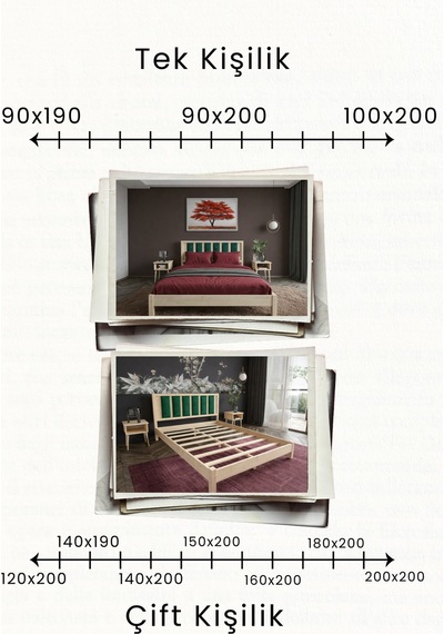 Ori On Zümrüt Yeşili Puf Başlıklı Masif Ahşap Natürel 90x190