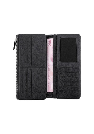 Alphaclub Bag Unisex Hakiki Deri Siyah Renk Fermuarlı Çok Bölmeli Uzun Cüzdan