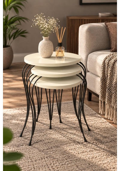 Sulorahome Lükens Metal Ayaklı 3'lü Zigon Sehpa Takımı Krem Bej