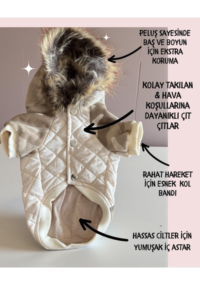 Creamy Camo Kamuflaj Desenli Krem Rengi Köpek Montu Kışlık Ceket