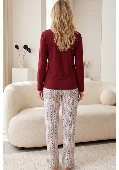 Siyah İnci Nakışlı Düğmeli Pamuklu Likralı Örme Pijama Takım26240351 Bordo