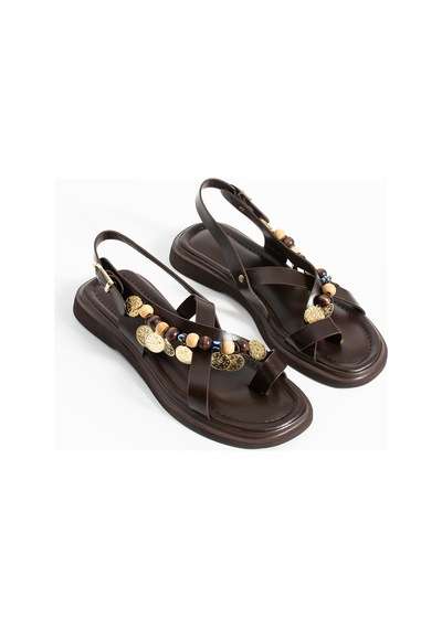 Duxal Shoes Greta Kadın Boncuklu Parmak Arası Sandalet Rahat Taban Acıkahve