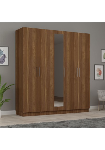 Asra Trend 5 Kapaklı Gardırop G-04 %100 MDF Aynalı 2 Çekmeceli Elbise Dolabı 200 cm Nevada