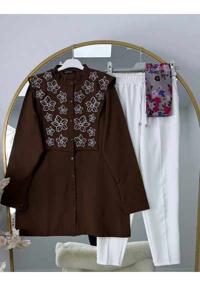 Lovie Moda Kadın Beyaz Pantolonlu Takım - Kahverengi