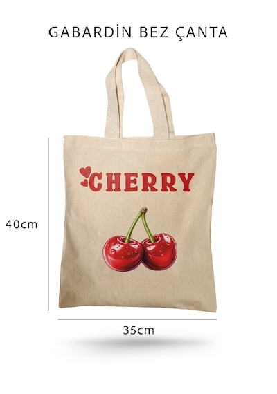 Lunora Collection Cherry Kiraz Baskılı Gabardin Bez Çanta Açık Krem