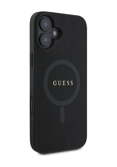 Apple iPhone 16 Uyumlu Kılıf Guess Lisanslı Magsafe Şarj Özellikli Yazı Logolu Saffiano Classic Siyah