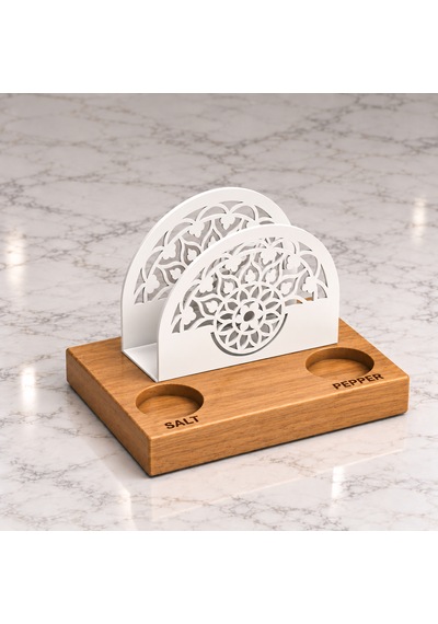Iroko Ahşap Ve Metal Peçetelik, Tuzluk Biberlik Yuvalı Masaüstü Yemek Masası Düzenleyici Beyaz