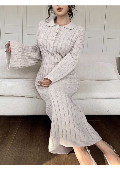 Sayzen Your Shine Gömlek Yaka Düğmeli Saç Örgülü Triko Elbise Sy-2515 Ekru