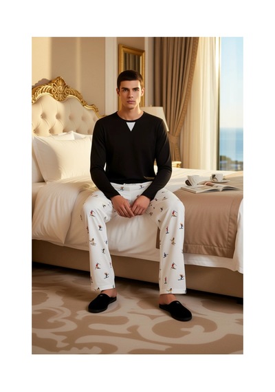 Ersefa Kadın Bisiklet Yaka Waffle Pijama Takımı Kayak Desenli Pantolon F Siyah