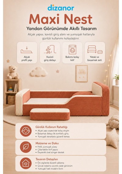 Dizanor Maxi Nest Tek Kısa Yan Kenarlı Montessori Yatak Seti - Kiremit Fitilli