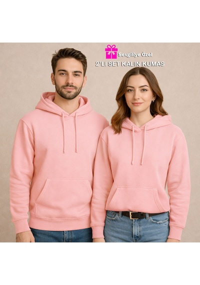 Nevermind Sevgili Çift Kombin Hoodie 2 Li Set Unisex Oversize Kapüşonlu Hoo Pembe