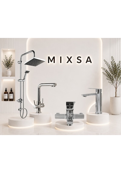 Lüx 4'lü Set Robot Duş Seti 3 Yollu Arıtma Bataryası Kare Banyo Bataryası Çanak Lavabo Bataryası Şık Tasarım 4'lü Set Krom