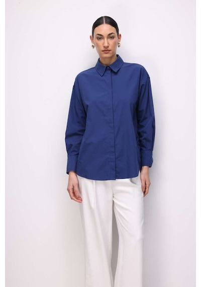 Mizalle Pamuklu Lacivert Oversize Gömlek Lacivert