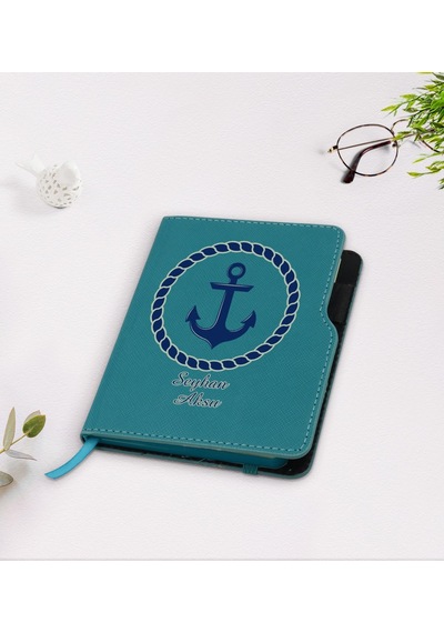 Kişiye Özel Çapa Tasarımlı Turkuaz Termo Deri Defter-1 Turkuaz