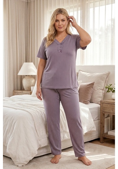 Eyfuze Kadın Büyük Beden Desenli Yakası Düğmeli Kısa Kollu Bambu Pijama Takımı Lila-2