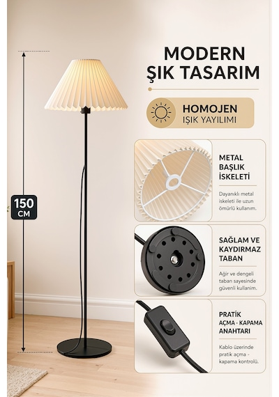 Umbrella Lambader Siyah Metal Tek Ayaklı Lamba Krem Modern Kırma Kumaş Başlık Lam07