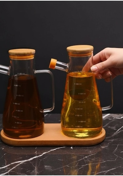 Bambu Kapaklı Vakumlu Borosilikat 3'lü Set Cam Yağdanlık Set Yağlık Sirkelik Bambu Altlık Çok Renkli