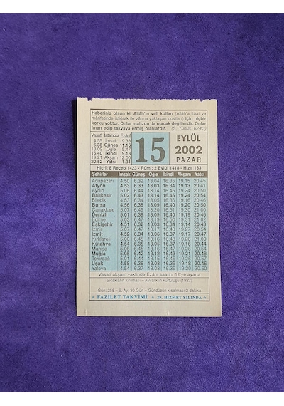 15 Eylül 2002 Takvim Yaprağı - Nostalji Koleksiyonluk Takvim Yaprağı