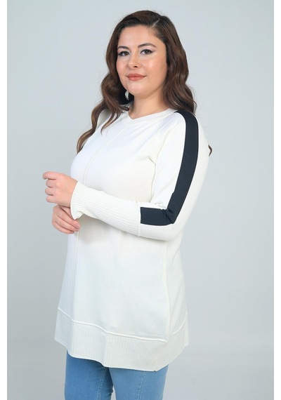 By Saygı Kadın Kolları Şeritli Büyük Beden Tunik Bluz-41818 Ekru