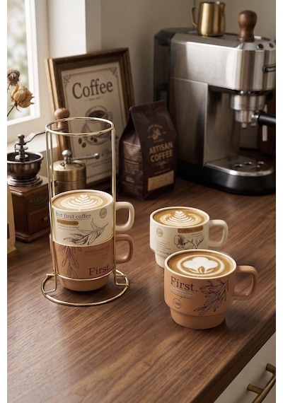 Bistro Metal Standlı 4 Adet Porselen Kupa Seti 200 Ml Kahve Çay Fincanı Takımı Renklı