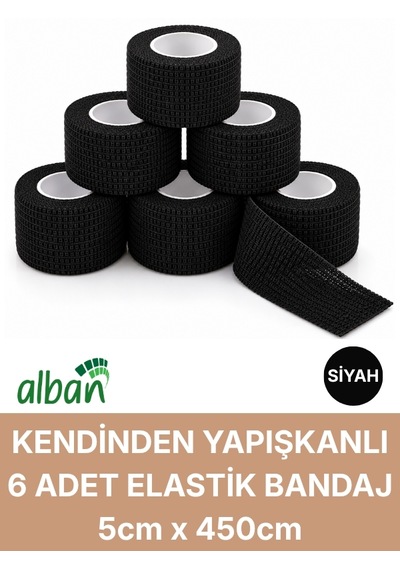 5cm 6'lı Set Kendinden Yapışkanlı Elastik Bandaj, Kohesiv Bandaj 5cm X 4.5m Spor, Bilek, Ayak Bileği, Veteriner Bandajı Siyah