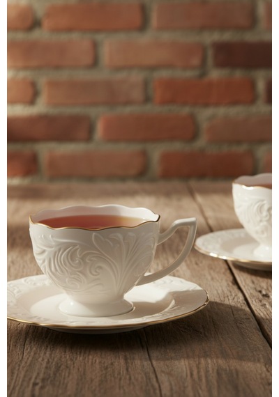 6 Kişilik Kabartma Desen Porselen Rosen Çay Fincan Takımı 200ml Krem