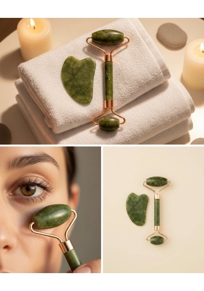 Yeşim Taşı Yüz Bakım Seti Çift Başlıklı Roller Ve Gua Sha Çok Renkli