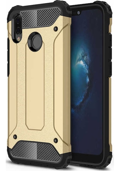 Noktaks - Huawei Uyumlu Huawei P20 Lite - Kılıf Çift Katman Zırh Tank Crash Military Kapak - Gold