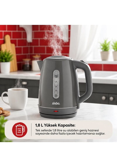 Gri Çelik Kettle Su Isıtıcısı Kablosuz Kullanım 1.8lt 360 Derece Dönebilme Otomatik Kapanma Sk-8031