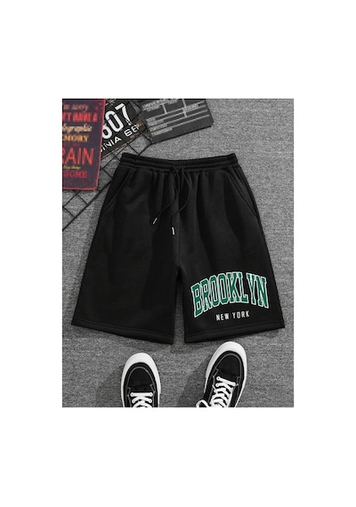 Tarzsokak Brooklyn Baskılı Rahat Kalıp Unisex Şort Siyah