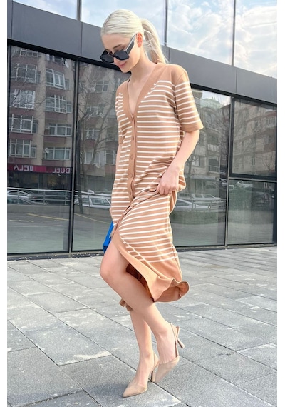 Madmext Camel Düğmeli Triko Kadın Elbise Mg1648-camel