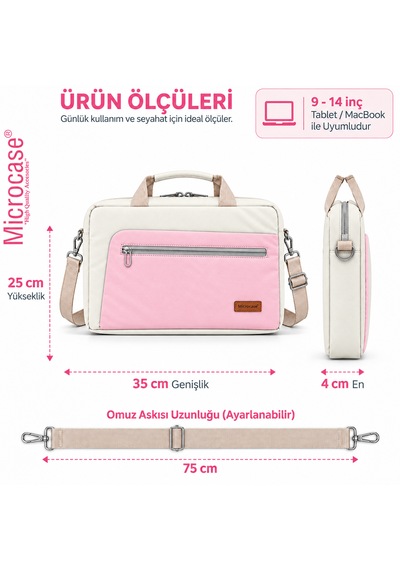 Microcase Macbook Air 15 İnch M4 2025 İle Uyumlu Macbook Taşıma Çantası Darbe Korumalı Omuz Askılı Çok Bölmeli Krem Pembe Al5694