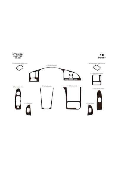 Hyundai Elantra Torpido Kaplama 2004-2007 10 Parça Koyu Meşe