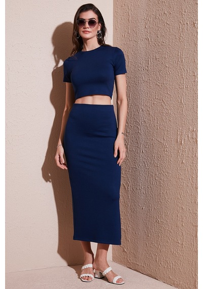 Lela Slim Fit Yırtmaç Detaylı Uzun Etekli Crop Bayan Takım 5866148 Lacivert