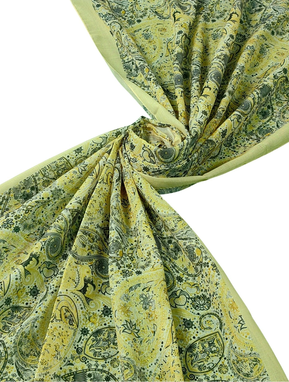 Mim Eşarp Vav İpek Soft Pamuklu Etnik Desenli Şal 75x190 Cm Limon Sarısı