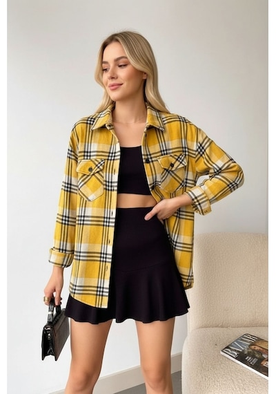 Mamayaga Kadın Desen Bloklu Oduncu Oversize Bol Ve Geniş Kalıp Casual Cepli Yakalı Ceket Gömlek Beyaz
