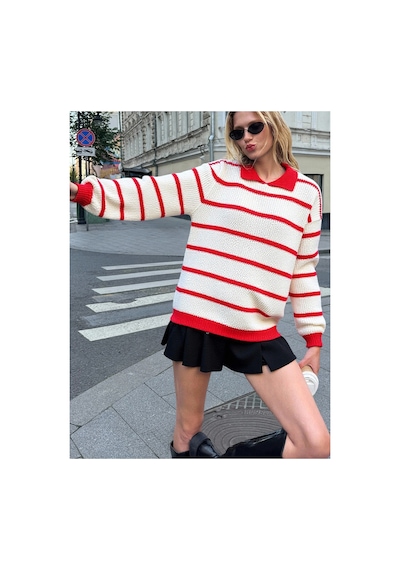 Meecy Selanik Örgü Polo Yaka Oversize Zr Model Kadın Triko Kazak Bej & Kırmızı Bej & Kırmızı Meecy Selanik Örgü Polo Yaka Oversize Zr Model Kadın Triko Kazak Bej & Kırmızı Bej & Kırmızı