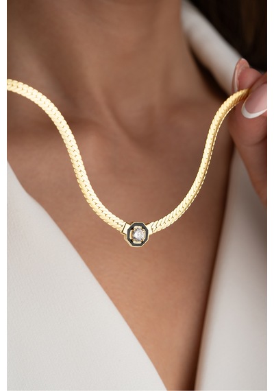 Çekirdekjewelry 925 Ayar Gümüş Şık Zincir Kolye Balık Sırtı Model Zirkon Taşlı Sarı
