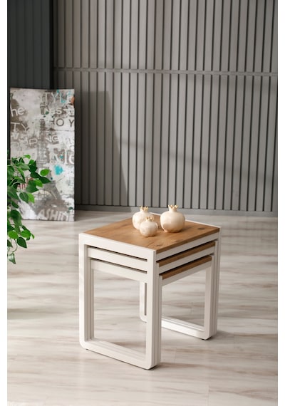 Arpelia Arpelia Üçlü Zigon Sehpa 50 x 40 CM Beyaz - Atlantik Çam