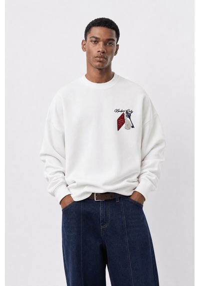 Respire Erkek Members Only Baskılı Oversize Sweatshirt Ekru